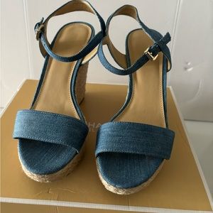 Michael Kors Jill Blue Denim Open Toe Wedge Sandals